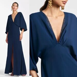 Sachin + Babi Beaded Deep V-Neck Maxi Slit Gown Navy Blue Size US 8 Formal Wear